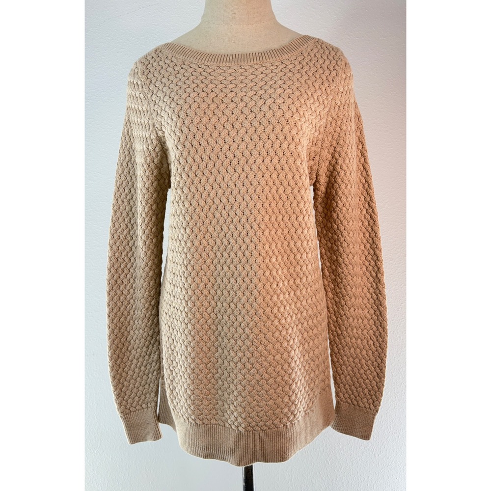 L.L. Bean Sweater Cable Knit Cotton Tan Boatneck Fisherman Preppy CottageCore